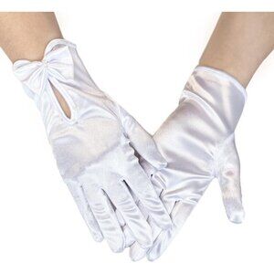 Women's White-3 Short Satin Pearl Bow Wrist Gloves Bridal Wedding Party Prom